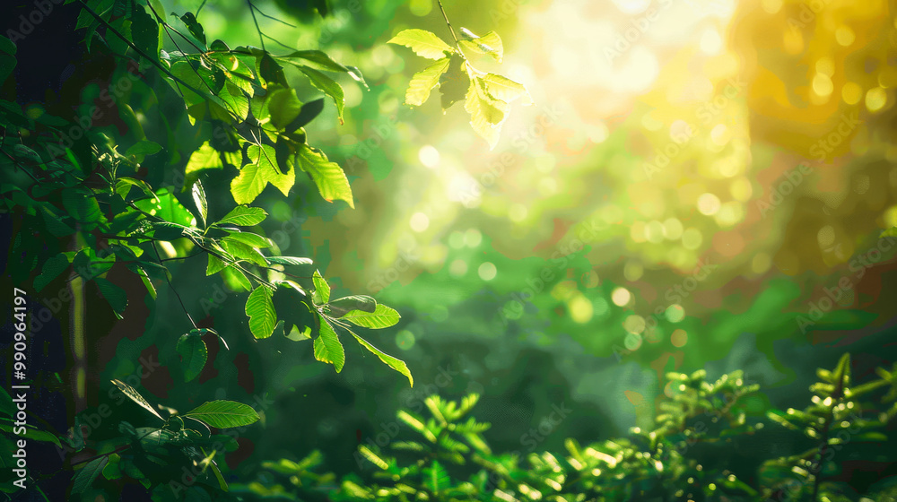 Lush green leaves of trees in a forest with sunlight shining through the branches Lush green leaves of trees in a forest with sunlight shining through the branches