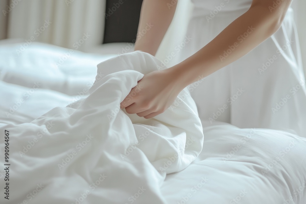 Morning Routine: Woman's Hands Placing White Fitted Sheet on Bed Morning Routine: Woman's Hands Placing White Fitted Sheet on Bed
