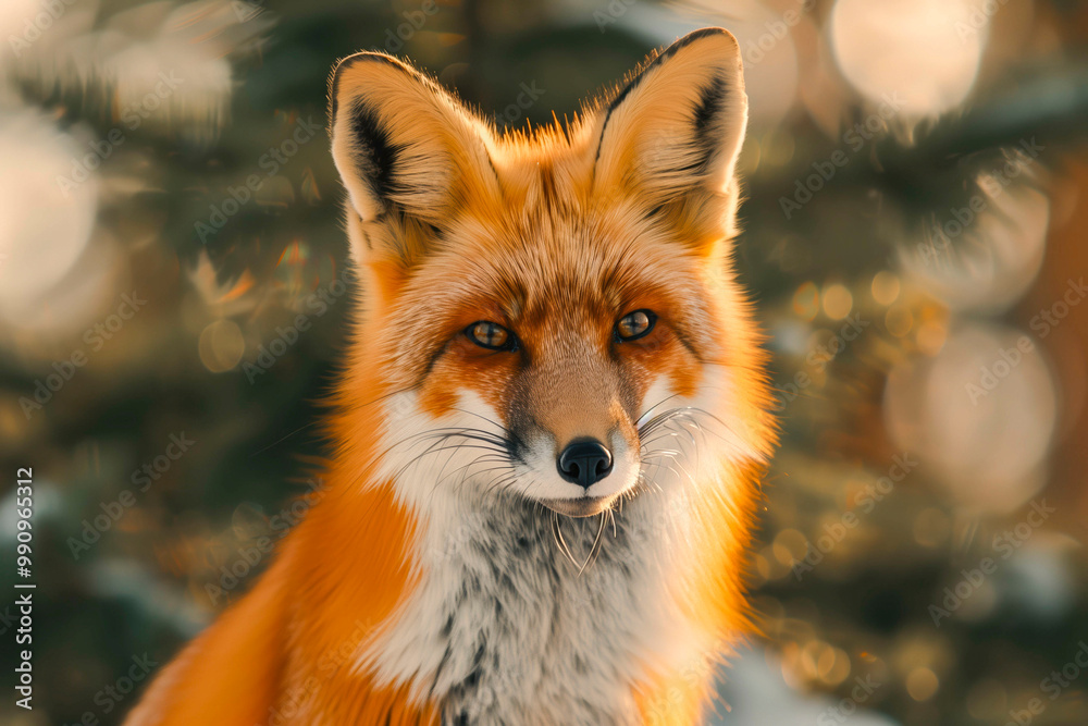 Fototapeta premium Red Fox - Vulpes vulpes, close-up portrait with bokeh of pine trees in the background. Making eye contact.
