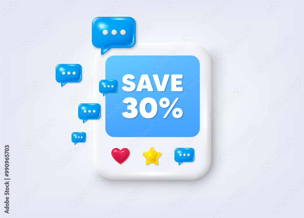 Social media post 3d frame. Save 30 percent off tag. Sale Discount offer price sign. Special offer symbol. Discount message frame. Photo banner with speech bubbles. Like, star and chat icons. Vector Social media post 3d frame. Save 30 percent off tag. Sale Discount offer price sign. Special offer symbol. Discount message frame. Photo banner with speech bubbles. Like, star and chat icons. Vector