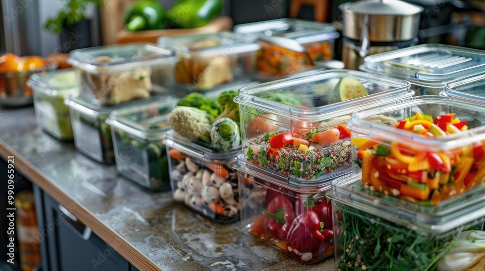 Obraz premium Food In Container. Fresh Vegetable Products in Refrigerator Storage Glass Boxes and Cans
