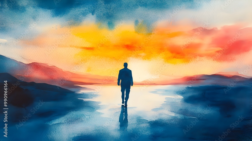 Solitary Figure Walks Toward Glowing Horizon,Symbolizing Visionary Leadership and Triumphant Journey Solitary Figure Walks Toward Glowing Horizon,Symbolizing Visionary Leadership and Triumphant Journey