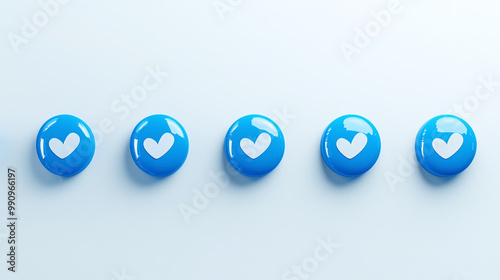 set of blue glass bubbles with white hearts png, glowing icons like symbols social media emojis likes 3d rendered UI style