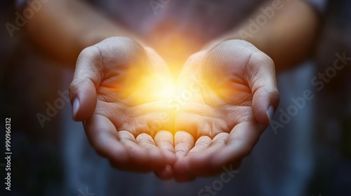 Illuminated prayer hands in worship a symbol of spirituality and devotion to god