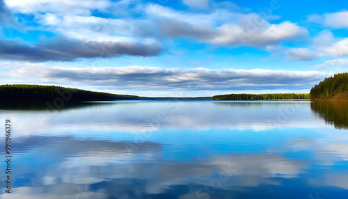 Picturesque lakeside with reflection of sky in the water.