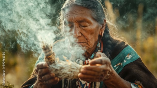 A Native American elder performing a smudging ritual to cleanse a sacred space, with smoke rising from a smudge stick photo