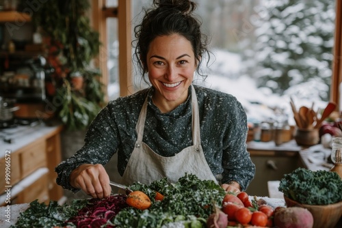 Fototapeta Naklejka Na Ścianę i Meble -  A woman in a rustic kitchen, joyfully garnishing a colorful winter vegetable dish, embodies creativity and healthy living in a nature-inspired winter setting.