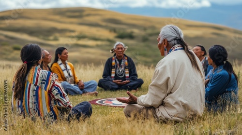 A Native American elder teaching traditional meditation techniques to a small group, sitting in a circle on a grassy hill photo