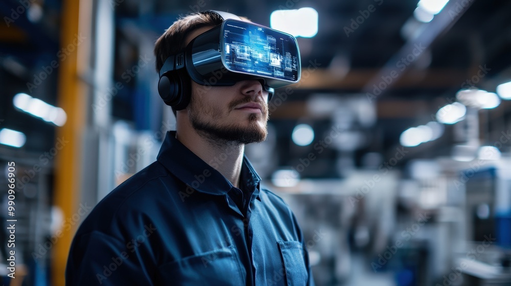 Manufacturing Worker Uses Virtual Reality Headset to Explore and Analyze a Virtual Model of a Factory, Displaying Advanced Data and Interactive Controls Manufacturing Worker Uses Virtual Reality Headset to Explore and Analyze a Virtual Model of a Factory, Displaying Advanced Data and Interactive Controls