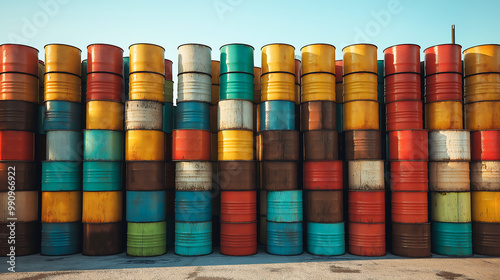 Colorful abandoned oil drums stacked barrels in rows