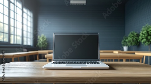 A 3D rendering of a digital classroom concept, illustrating modern online education with a classroom desk integrated into a laptop keyboard.