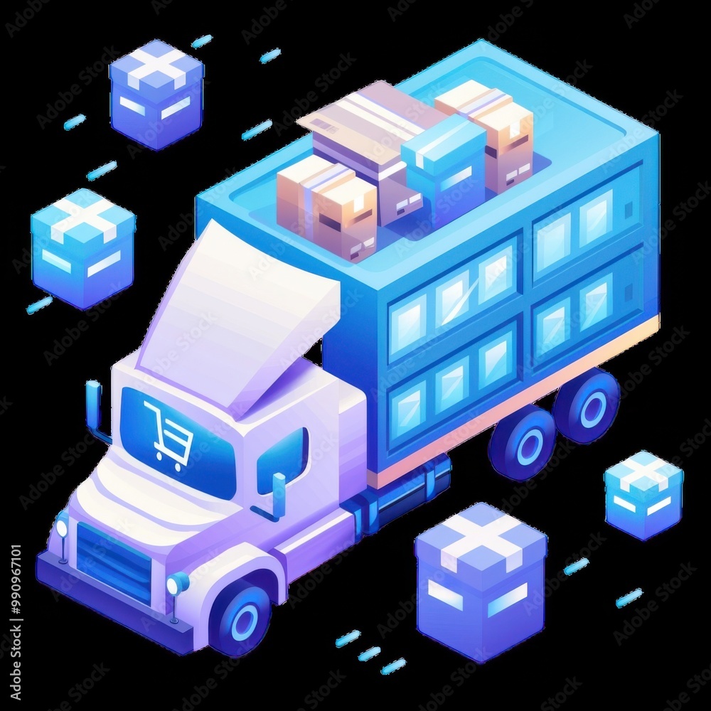Delivery truck transporting packages at a logistics center Delivery truck transporting packages at a logistics center