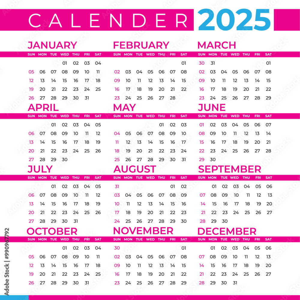 Calendar for 2025 isolated on a white background Calendar for 2025 isolated on a white background