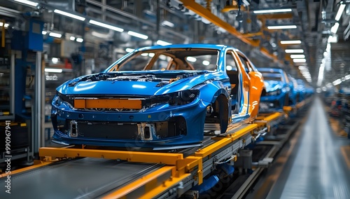 A blue car moves on a conveyor belt inside a car factory.