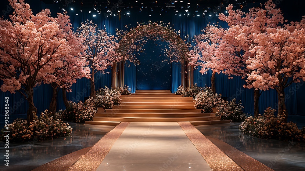 Full-length shot, black background, fantasy forest wedding stage design, with the theme of DREAM opposing dark park