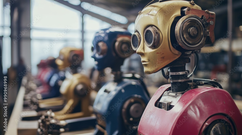 Fototapeta premium Row of Vintage Robots Showcasing the Evolution of Automation from Early Machines to AI