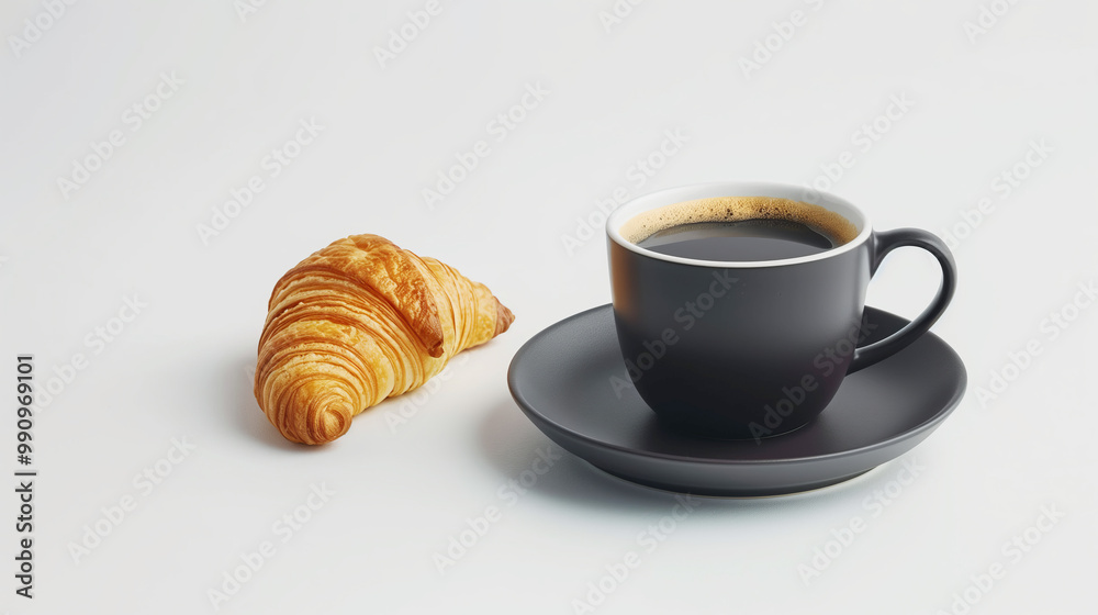 Black cup of coffee on a black saucer on a white background. There is a fresh croissant nearby.