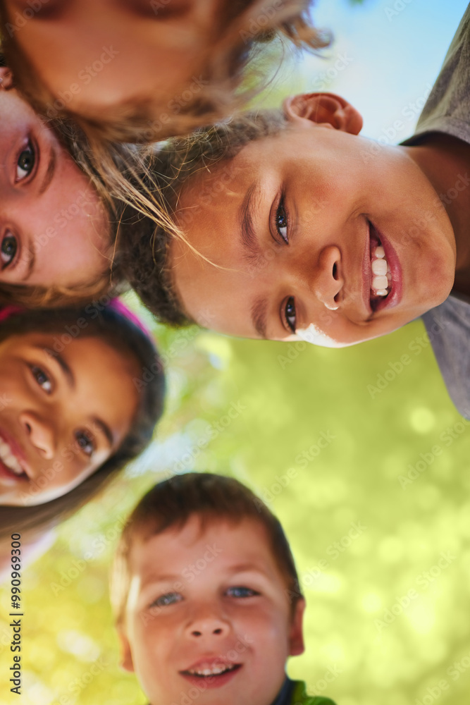 Happy, circle and portrait of children in park for playing, bonding and fun together outdoors. Youth, friends and below of boys and girl in nature for childhood, adventure and diversity on playground Happy, circle and portrait of children in park for playing, bonding and fun together outdoors. Youth, friends and below of boys and girl in nature for childhood, adventure and diversity on playground