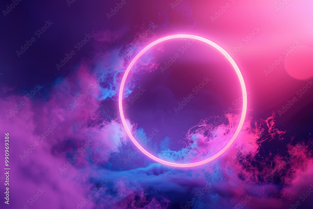Futuristic Flyer. Neon Glowing Circle Background in Synthwave Aesthetics