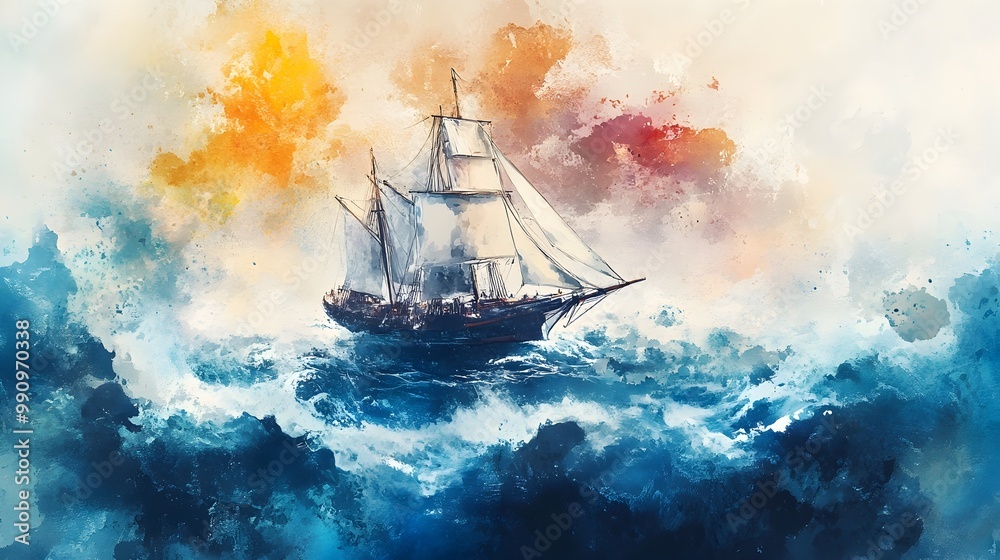 Fototapeta premium Abstract Watercolor Painting of Ship Navigating Waves,Symbolizing Leadership and Successful Journey