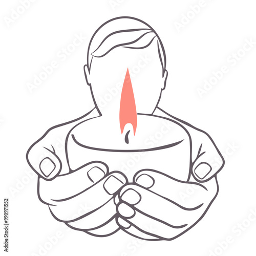 Man holding candle. Symbol of prayer and church concept in simple linear style. Doodle outline illustration. Memorial linear symbol.