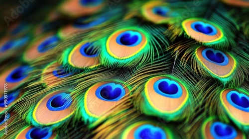 Close-up of a peacock's vibrant feathers displaying iridescent colors in natural sunlight