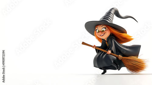 3d cheerful cartoon witch flying on a broomstick, wearing a black robe and pointed hat, with vibrant orange hair.