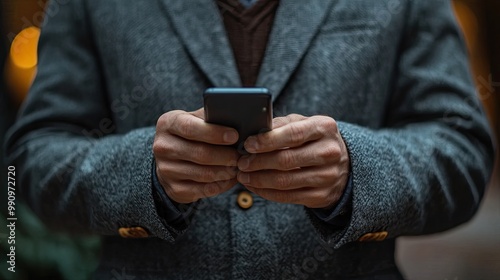 A businessman demonstrates protecting cyber technology from hackers, emphasizing secure access to privacy through smartphones in a digital age.