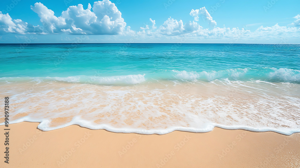 background with a pristine sandy beach, featuring gentle waves, clear turquoise water, and a sunny sky background with a pristine sandy beach, featuring gentle waves, clear turquoise water, and a sunny sky