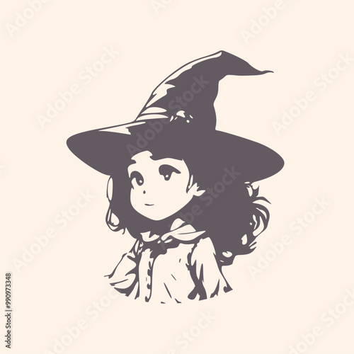 Happy young cute witch girl sketchbook cartoon style portrait. Curly hair and big anime style eyes. Halloween relative smiling character