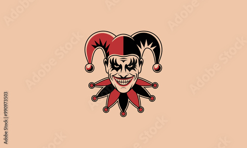 A sinister jester with a creepy grin and dark eye makeup.