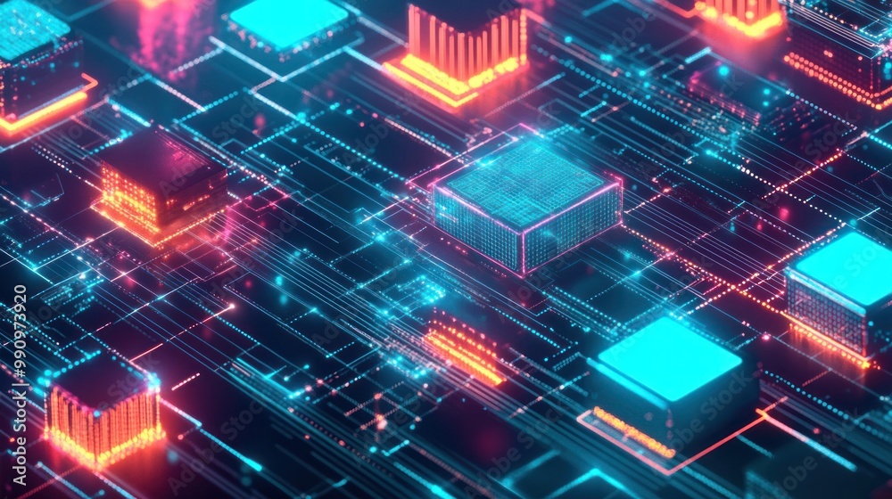 Obraz premium A visual representation of blockchain transactions, with digital tokens and data moving through a secure, virtual environment