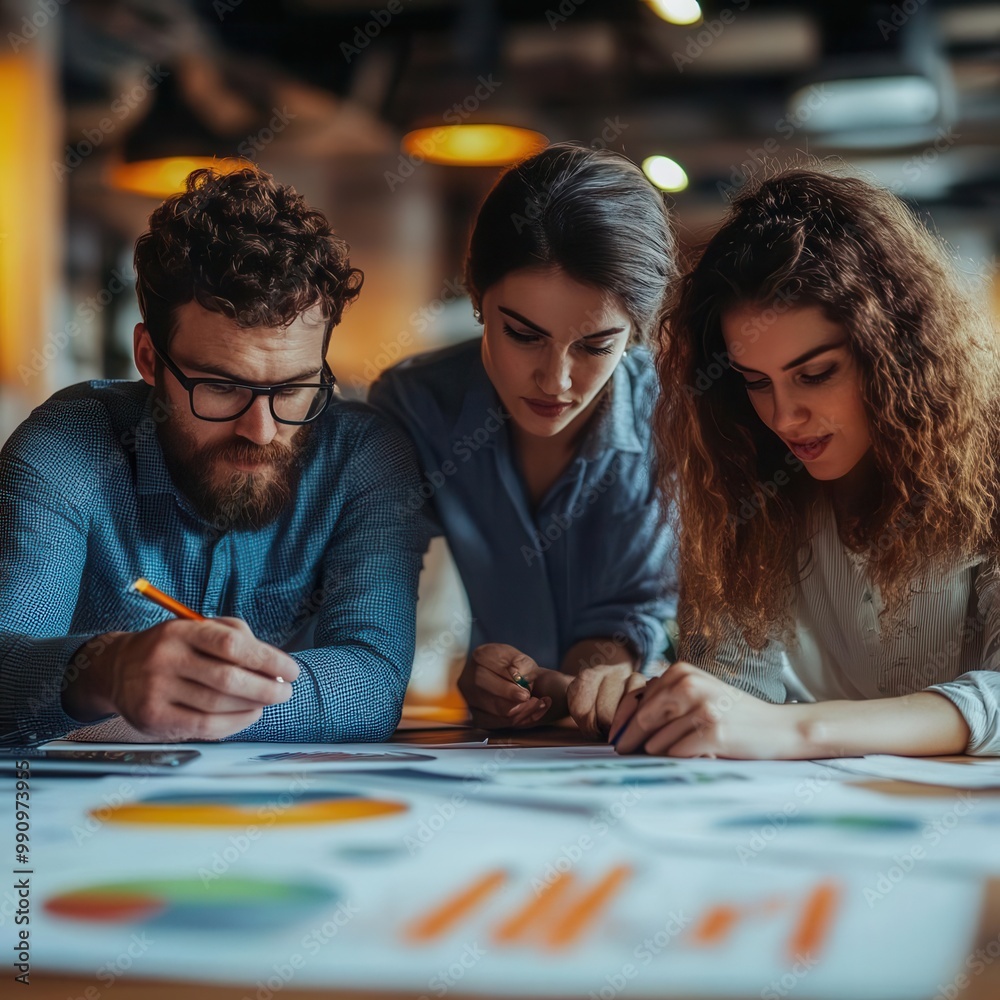 Fototapeta premium Digital marketing brainstorming with a team analyzing online metrics, modern office, tech-savvy style, sharp focus, high detail.