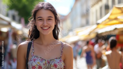 A young Croatian woman in a casual summer dress, walking along the bustling markets of Zagreb, with a friendly smile