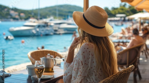 Fototapeta Naklejka Na Ścianę i Meble -  A young Croatian woman in a chic outfit, enjoying a sunny day at a beach on Hvar Island