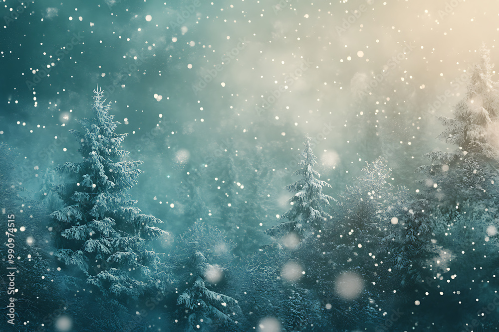 Obraz premium Enchanting Christmas background with a snow-covered forest scene and subtle golden glow