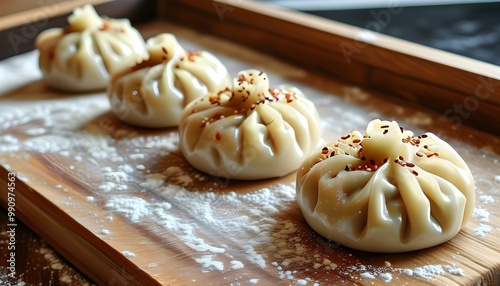 Plump Steamed Dumplings Dusting Flour on Rustic Wooden Surface