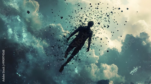 A person whose body is disintegrating into pixels, pieces of them floating upward into a sky of endless code.