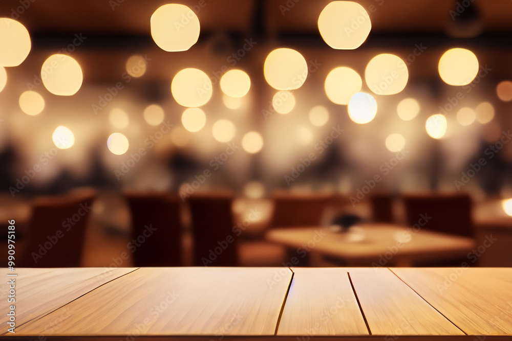 Wooden table top with blurry background of a restaurant at night with lights. Wooden table top with blurry background of a restaurant at night with lights.