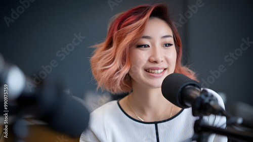 A beautiful young woman with headphones on, smiling and sitting in front of the mic for podcasting at home