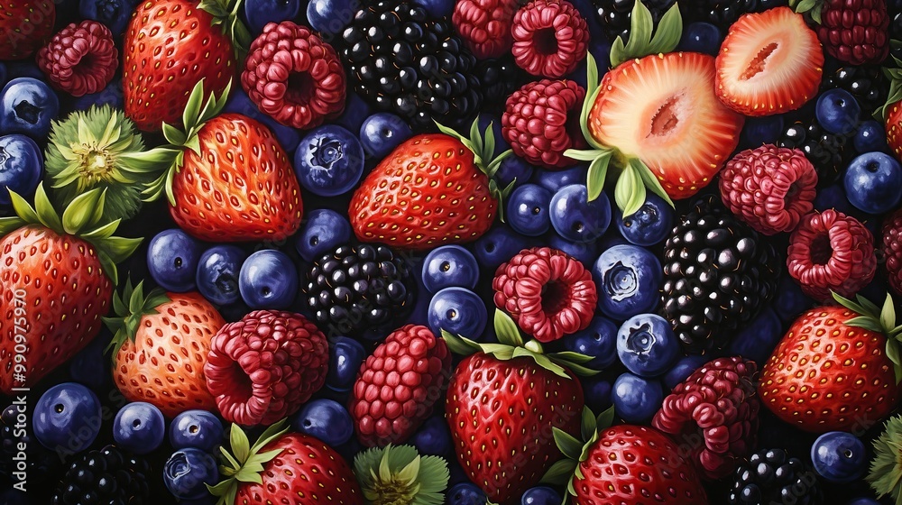 Vibrant collection of ripe berries, featuring strawberries, blackberries Vibrant collection of ripe berries, featuring strawberries, blackberries