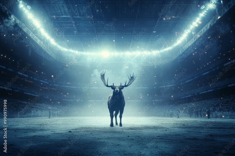 Moose standing in the center of a brightly lit football stadium under the floodlights. Moose standing in the center of a brightly lit football stadium under the floodlights.