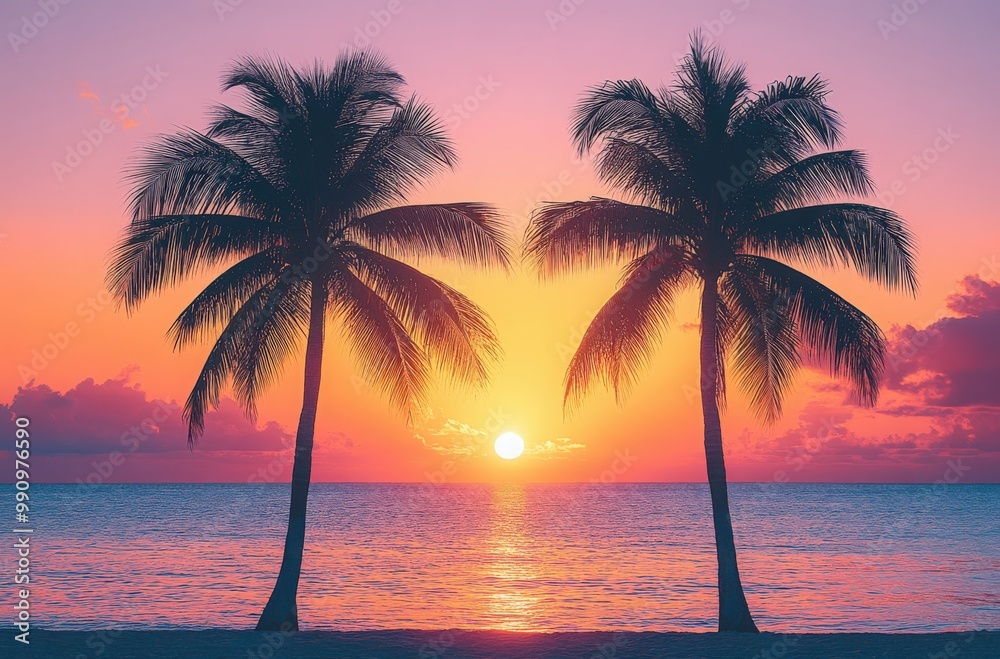 Serene sunset with two palm trees silhouette by the calm ocean at dusk