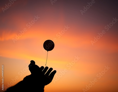 A silhouetted hand releases a single balloon into a glowing sunset sky, the round shape of the balloon drifting upwards as the hand opens to let it go.