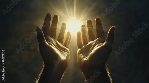 Illuminated prayer hands in worship a symbol of spirituality and faith in christianity