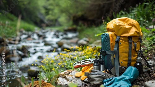 Camping gear and gardening gloves beside a creek photo