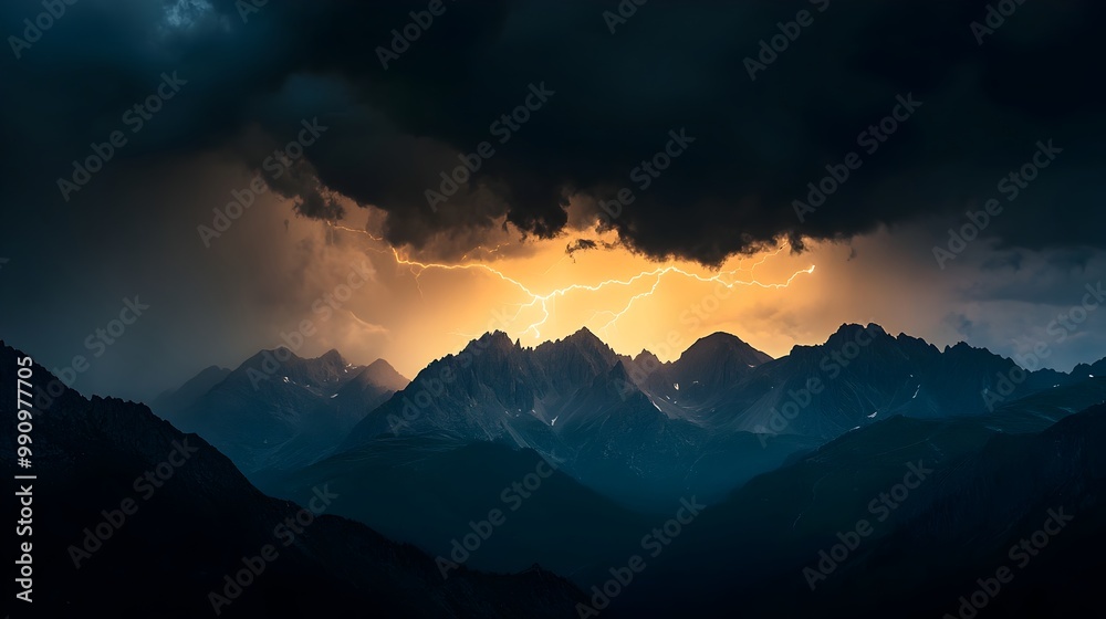 Rugged majestic mountain silhouettes standing tall against a backdrop of heavy dark storm clouds with flashes of lightning visible in the distance signaling an approaching tempest in this dramatic Rugged majestic mountain silhouettes standing tall against a backdrop of heavy dark storm clouds with flashes of lightning visible in the distance signaling an approaching tempest in this dramatic