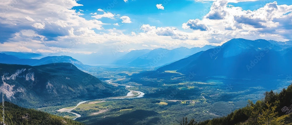 A breathtaking landscape featuring rolling hills, a winding river, and dramatic clouds under a vibrant blue sky. A breathtaking landscape featuring rolling hills, a winding river, and dramatic clouds under a vibrant blue sky.