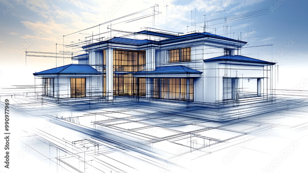 A house blueprint with details of the structure and layout. A house blueprint with details of the structure and layout.