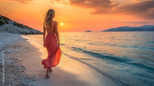 Fototapeta Naklejka Na Ścianę i Meble -  An attractive Croatian girl in a flowing sundress, walking barefoot along a quiet beach at sunset